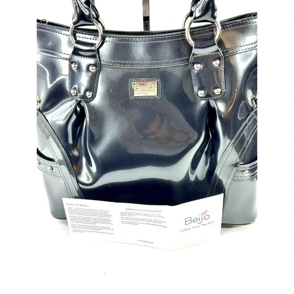 Beijo Classic Handbag Charcoal Patent Faux Leather Satchel‎ Top Handle Purse EUC